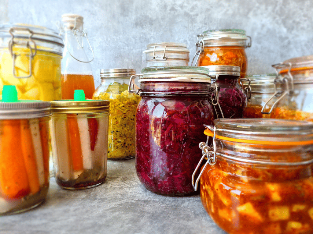 Jars of fermented vegetables. 